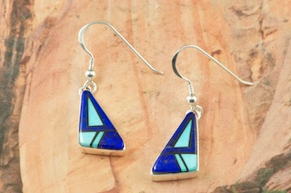 Genuine Blue Lapis, Turquoise and Black Jade inlaid in Sterling Silver. Beautiful French Wire Earrings Designed by Navajo Artist Calvin Begay. Signed by the artist.